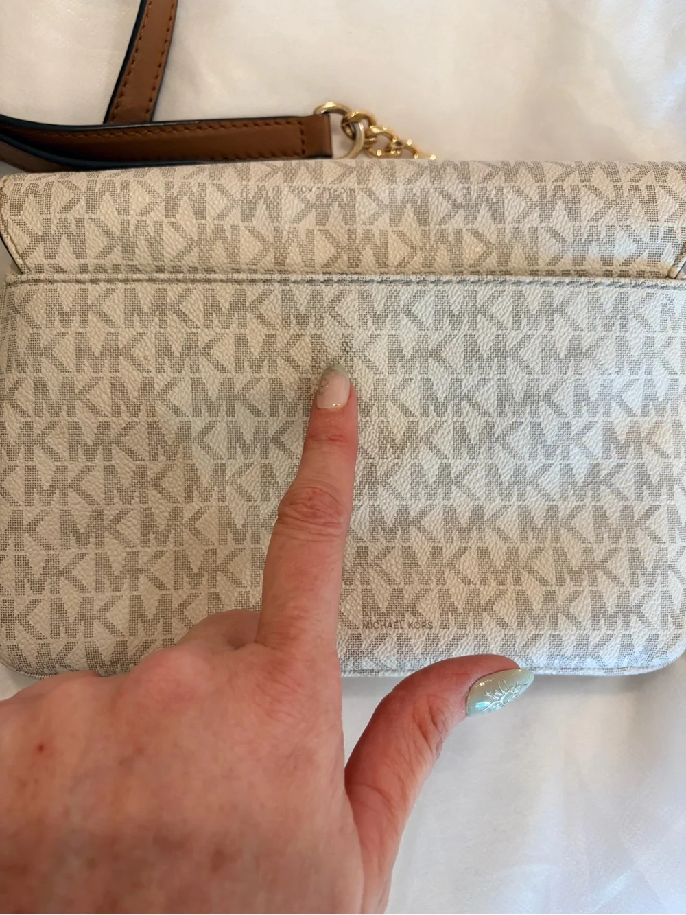 Michael Kors White and Brown Logo Crossbody with Gold MK Medallion